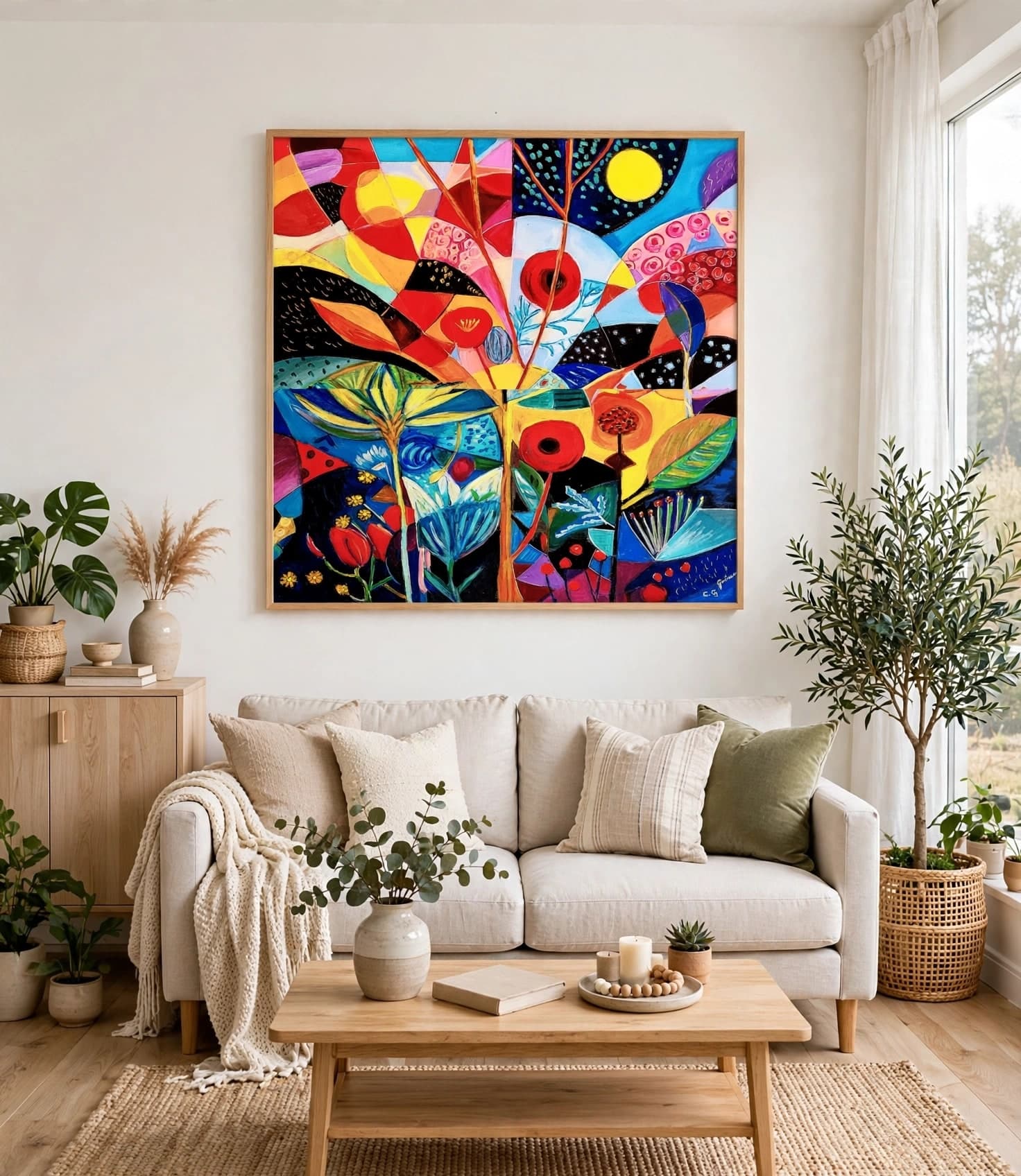 „Frühling“ von Grimm-Art über einem hellen Sofa im Wohnzimmer