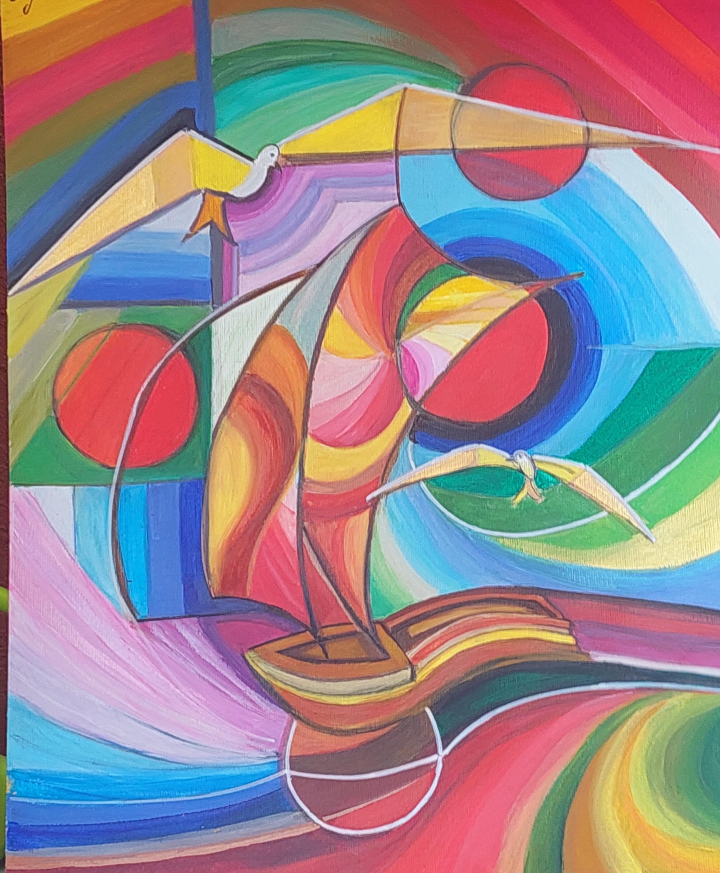 „Segelschiff“ — buntes halb-abstraktes Gemälde von Claudia Grimm (GRIMM-ART)